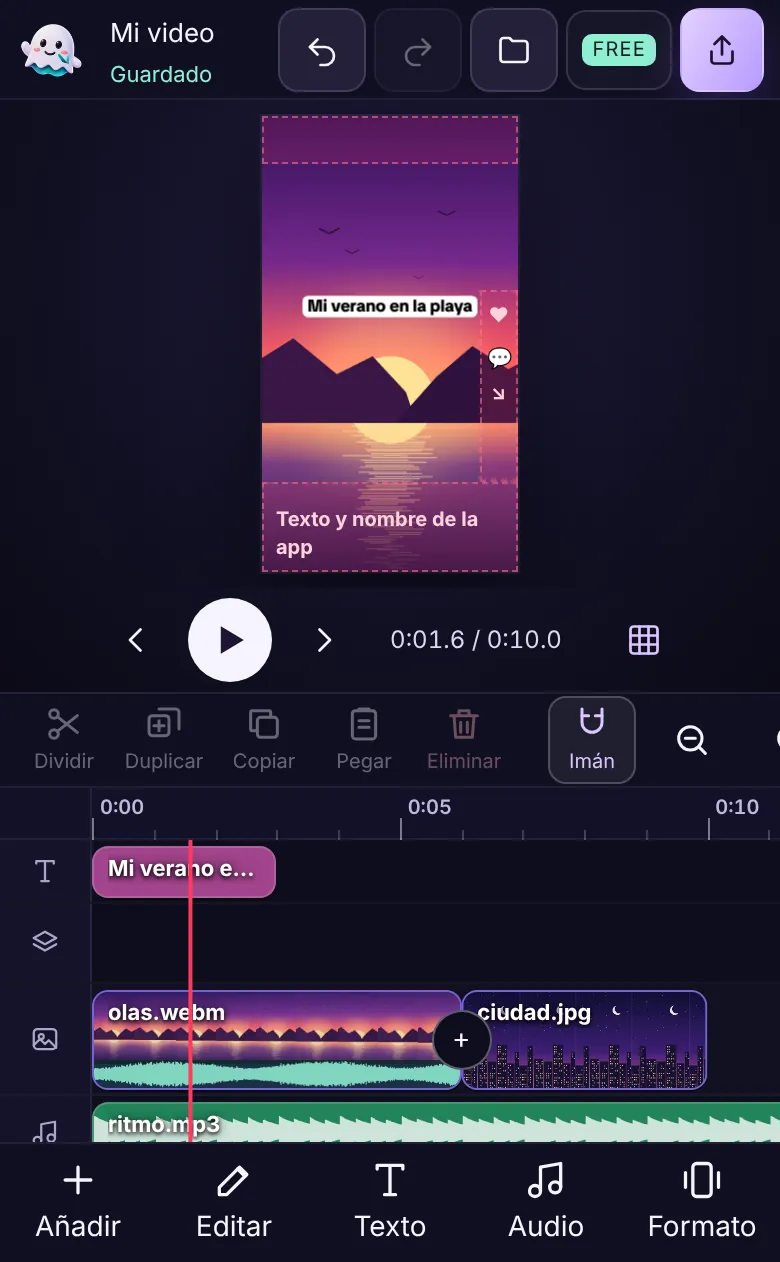 El editor de video de GhostPeg en un teléfono: vista previa vertical arriba, línea de tiempo abajo y la barra con Añadir, Editar, Texto, Audio y Formato