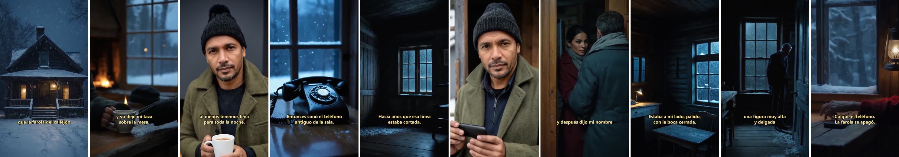 Diez escenas de un video narrado hecho con GhostPeg, cada una con su subtítulo: una cabaña nevada, una taza junto a la ventana, un teléfono antiguo y dos hermanos en la sala