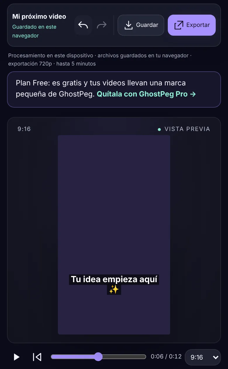 El editor de video gratis de GhostPeg abierto en el navegador, con una escena vertical y su línea de tiempo