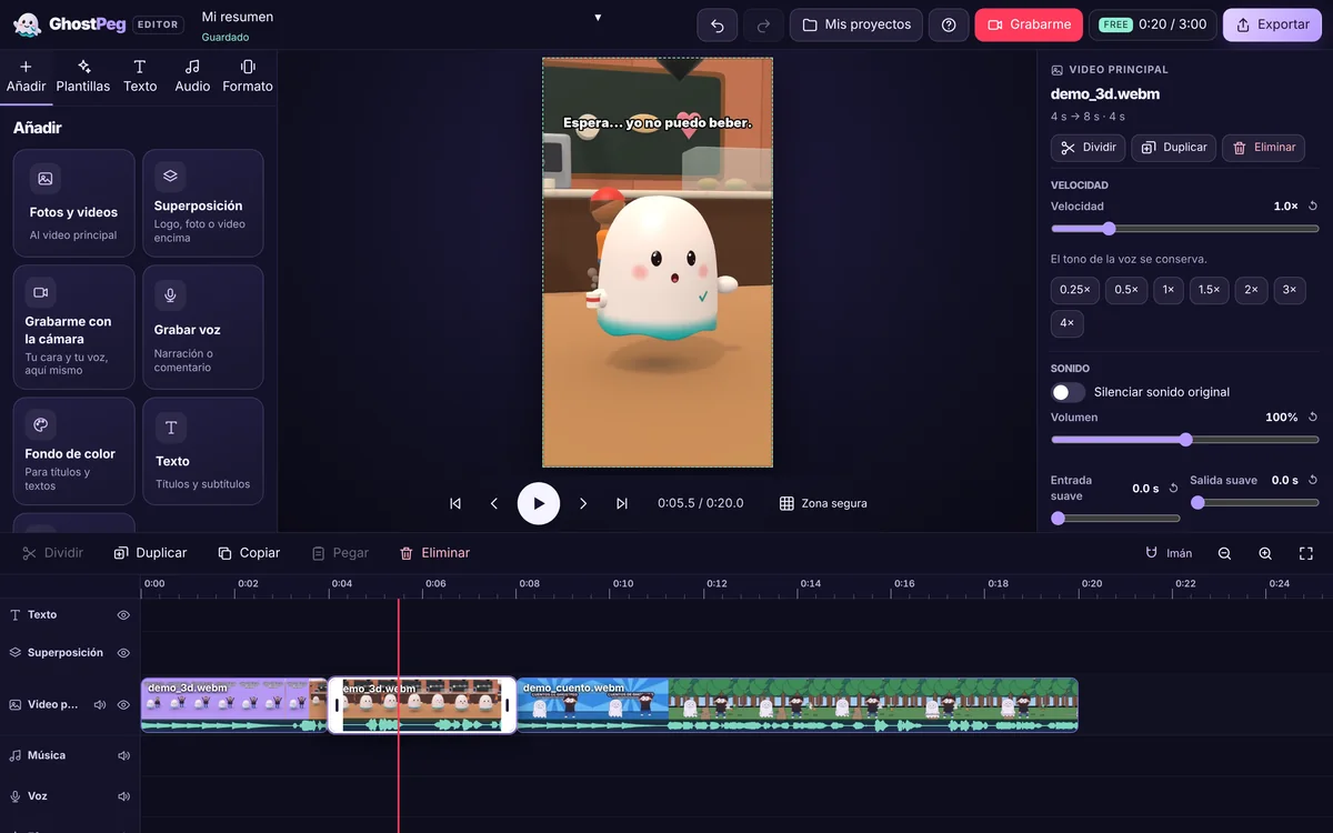 El editor web de GhostPeg con dos videos unidos en la línea de tiempo y uno dividido en dos pedazos