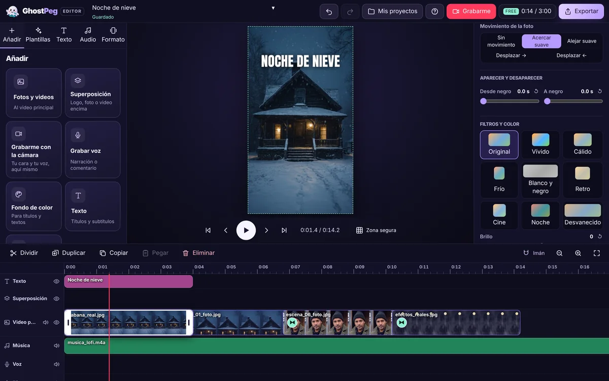 El editor web de GhostPeg con cuatro fotos seguidas en la línea de tiempo, una música debajo y el movimiento «Acercar suave» elegido