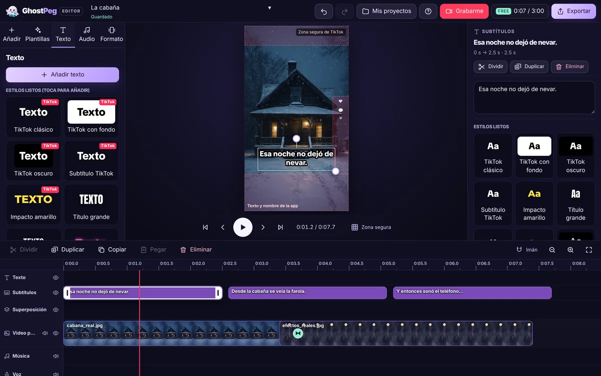 El editor web de GhostPeg con subtítulos estilo TikTok sobre las imágenes de un relato y la pista de subtítulos en la línea de tiempo