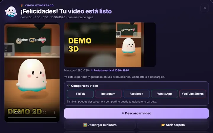 El recuadro de GhostPeg al terminar un video: TikTok, Instagram, Facebook, WhatsApp y YouTube Shorts