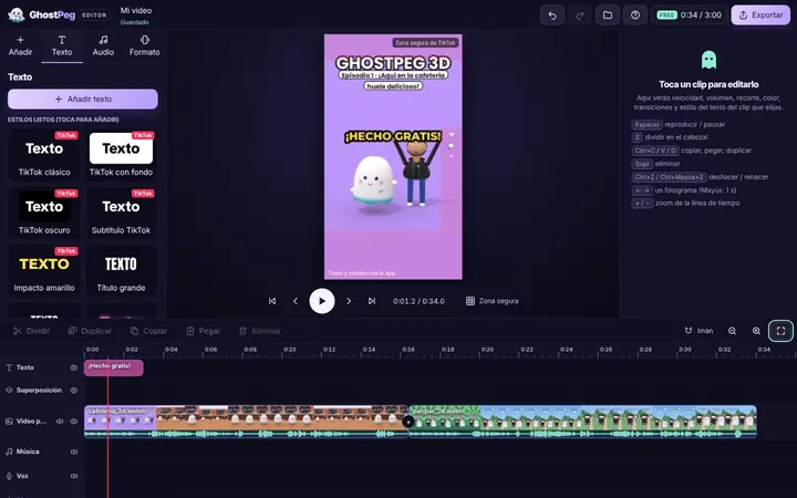 El editor web con un video vertical para TikTok