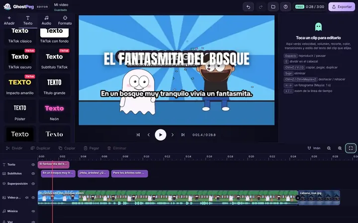 El editor web de GhostPeg con un cuento en 2D en la línea de tiempo