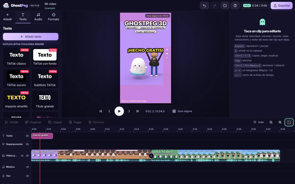 El editor de video online de GhostPeg abierto en Chrome en una computadora, con estilos de texto, vista previa vertical y línea de tiempo