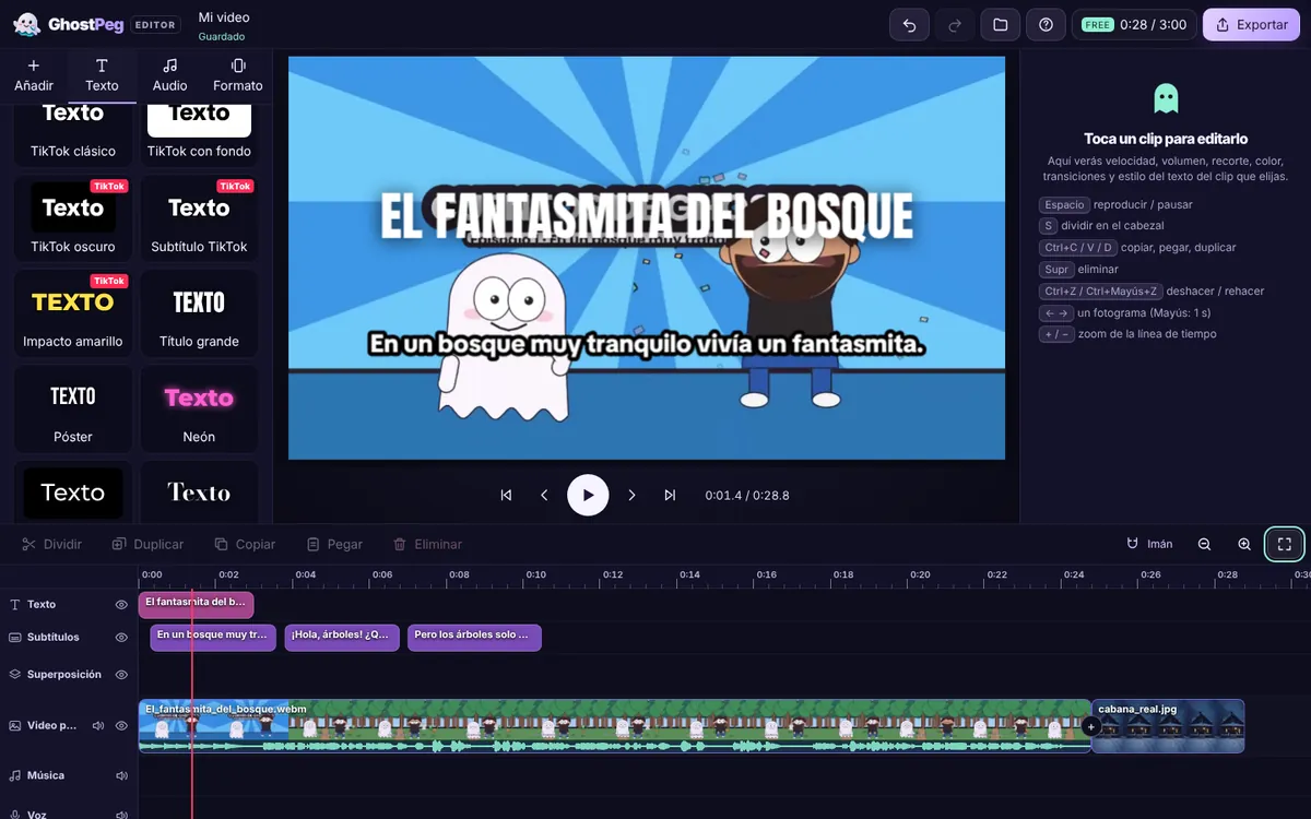 El editor web de GhostPeg en la PC con un proyecto «YouTube horizontal»: un título grande, subtítulos importados y la línea de tiempo