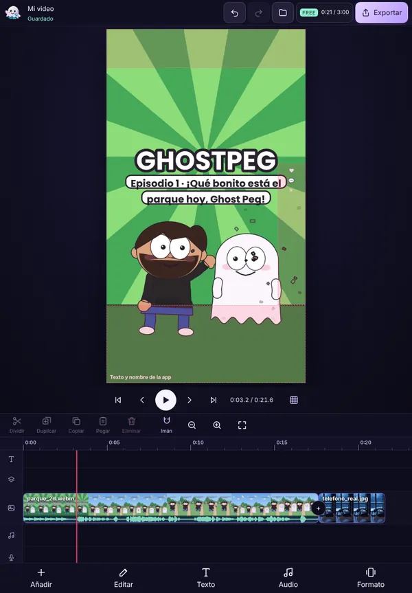 El mismo editor en una tableta, con un video 2D vertical hecho con GhostPeg y la zona segura de Reels y Shorts