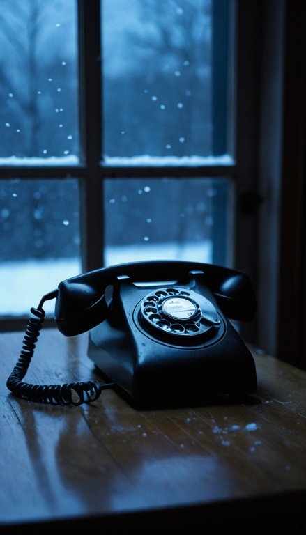 Escena vertical hecha con GhostPeg: un teléfono antiguo de disco sobre una mesa, junto a una ventana con nieve
